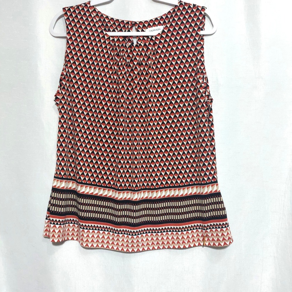 Calvin Klein Womens Xl Sleeveless Blouse Tank Top Keyhole Back Pleated Neck